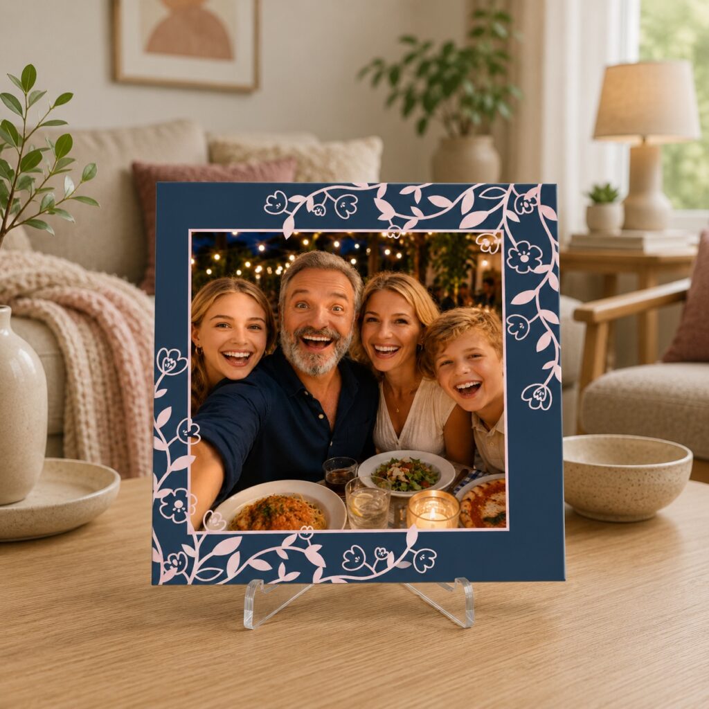 Tegel Fotokaders - Donkerblauw met roze bloemen