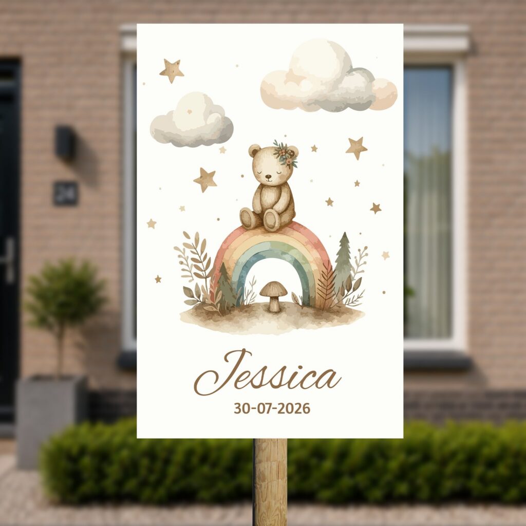 Tuinbord Geboorte - Beer op regenboog
