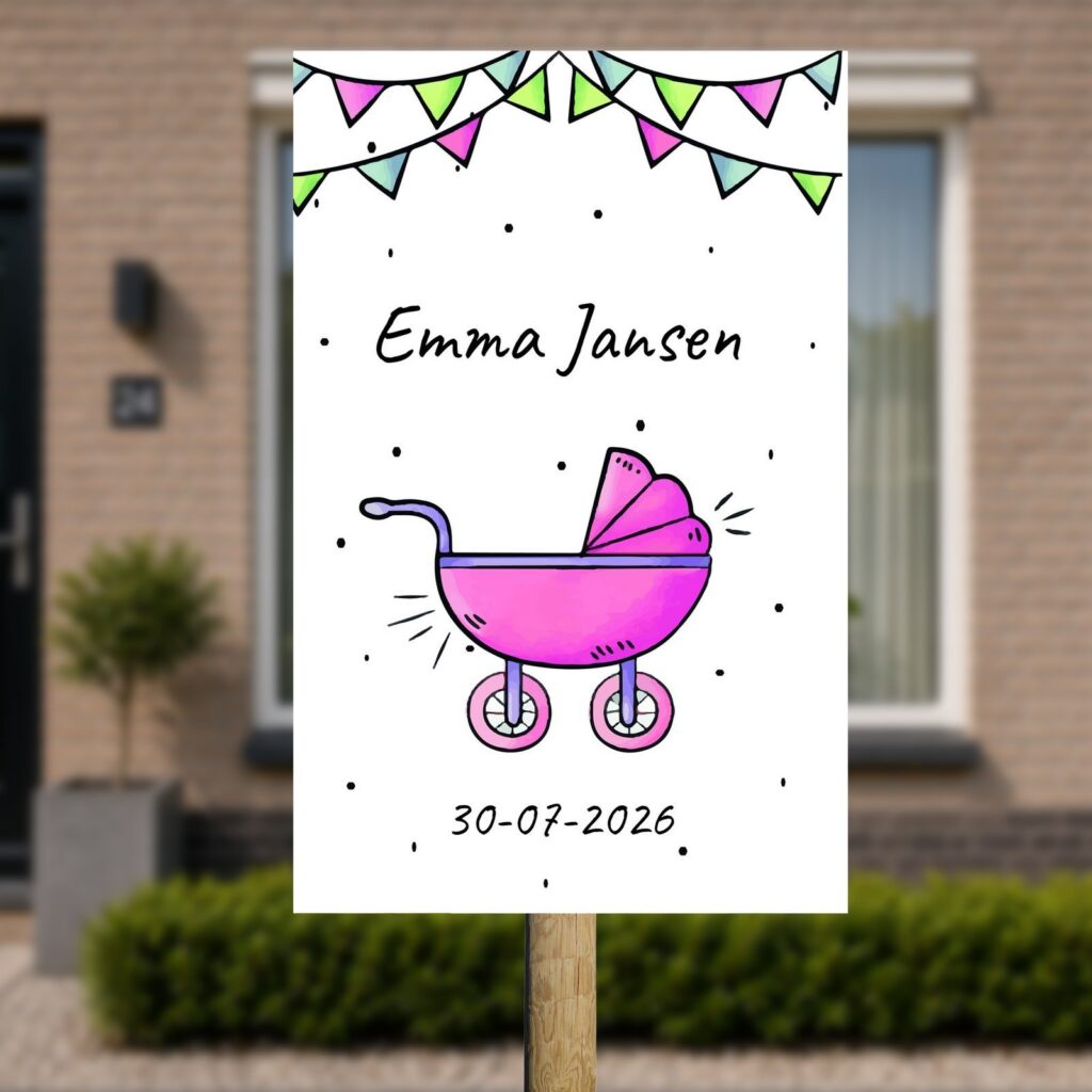Tuinbord Geboorte - Kinderwagen meisje
