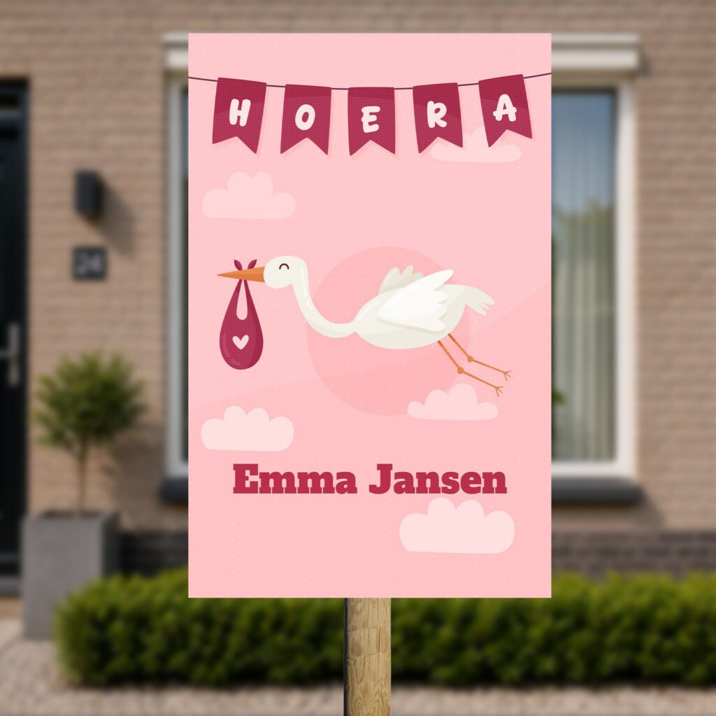 Tuinbord Geboorte - Ooievaar met hoera vlaggetjes