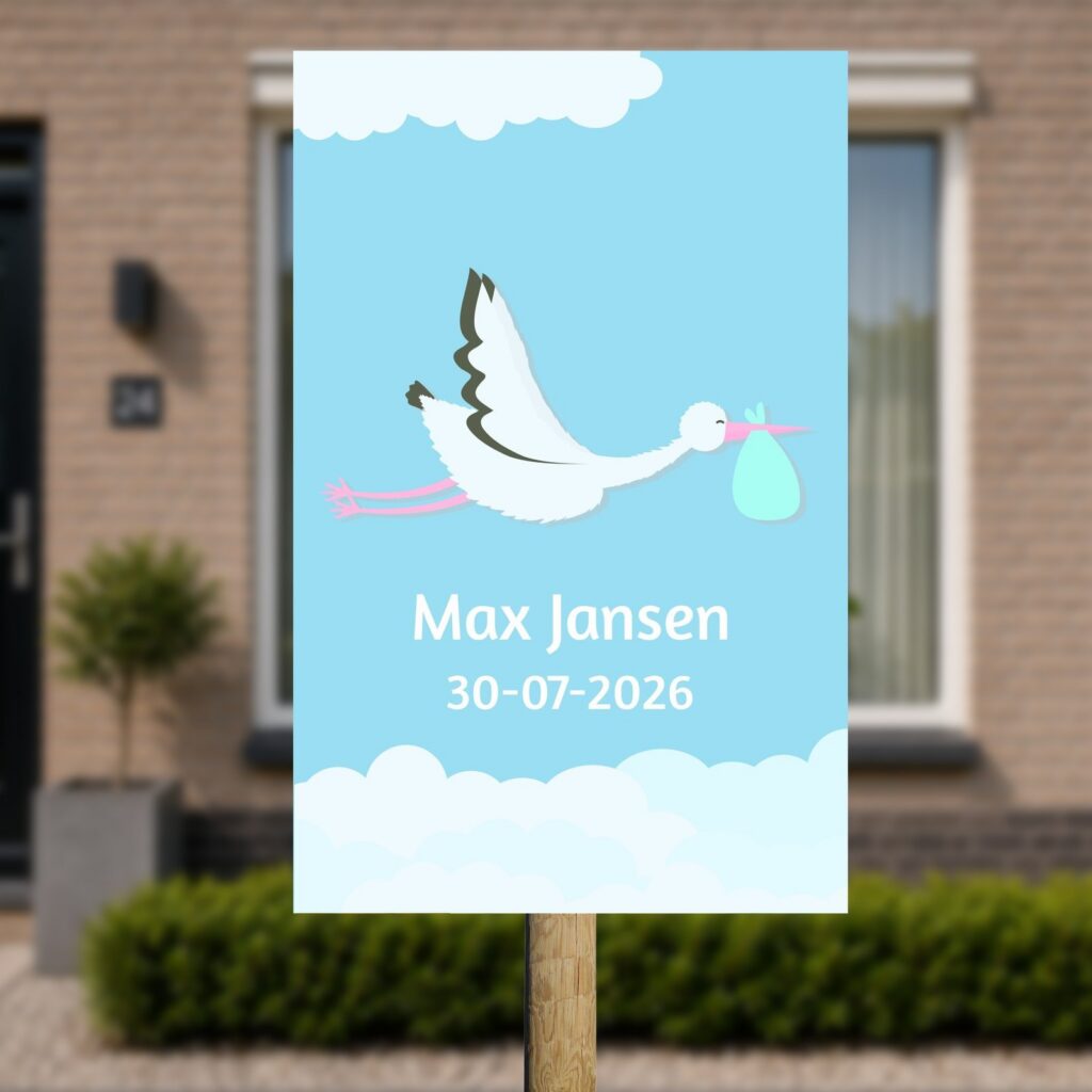 Tuinbord Geboorte - Ooievaar met wolken jongen