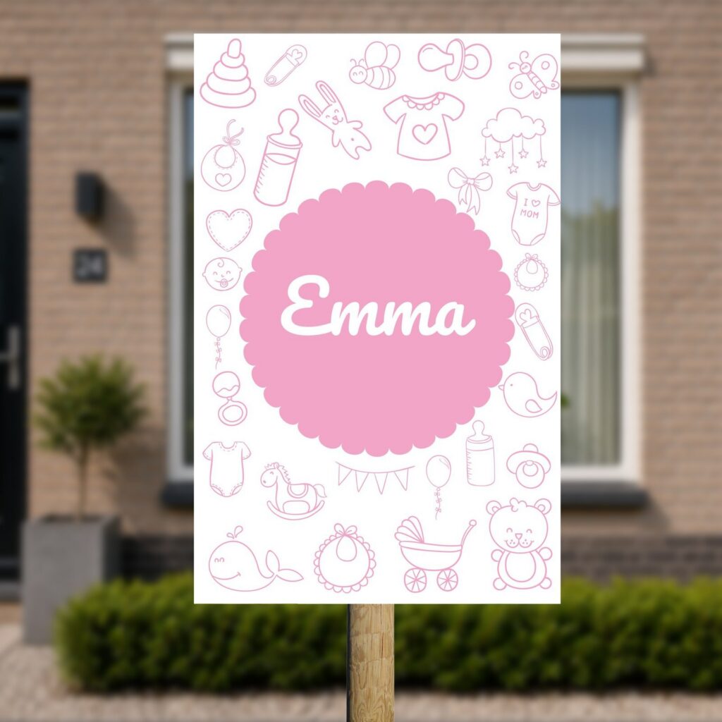 Tuinbord Geboorte - Roze doodles
